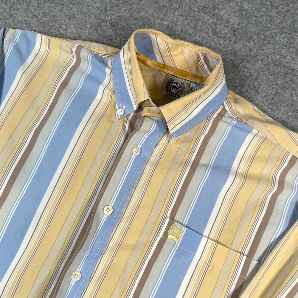 Cinch Mens Button Down Shirt S Striped Long Sleeve Yellow Blue Brown